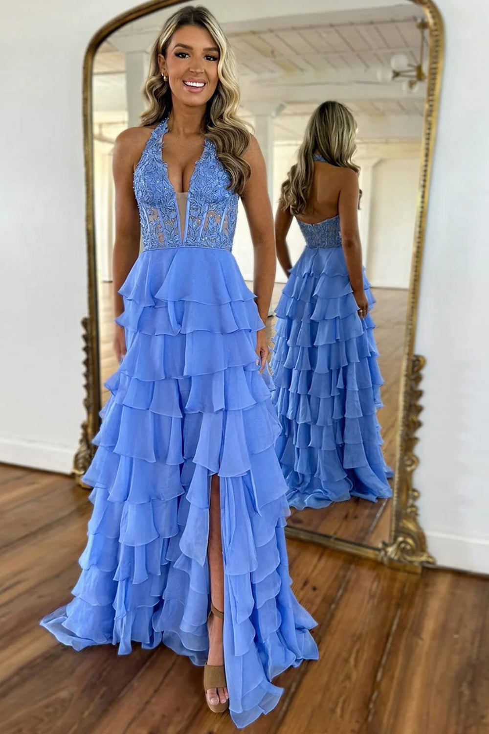 Halter Corset Prom Dresses Chiffon Layered Ruffle Long Slit Party Dres – WIOJEIGO