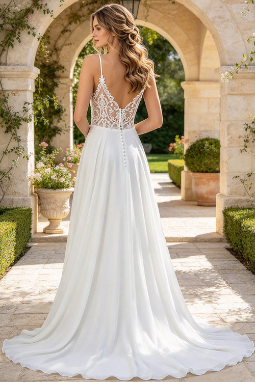 Deep V Spaghetti Strap Chiffon A Line Wedding Dress Lace Plunge Back Button Flowy Bridal Gown (HW327)