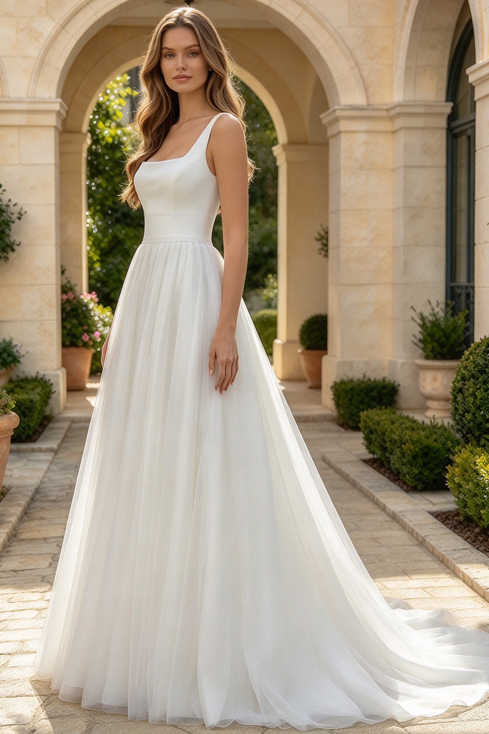 Satin Wedding Dress Open Back Flowy Tulle A Line Bridal Gown With Buttons (HW316)