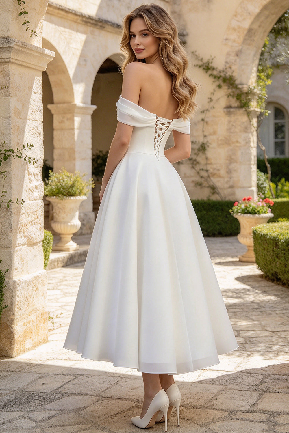 Off The Shoulder Chiffon Midi Wedding Dress Ruched With Lace Up Slit A Line Bridal Gown (HW331)