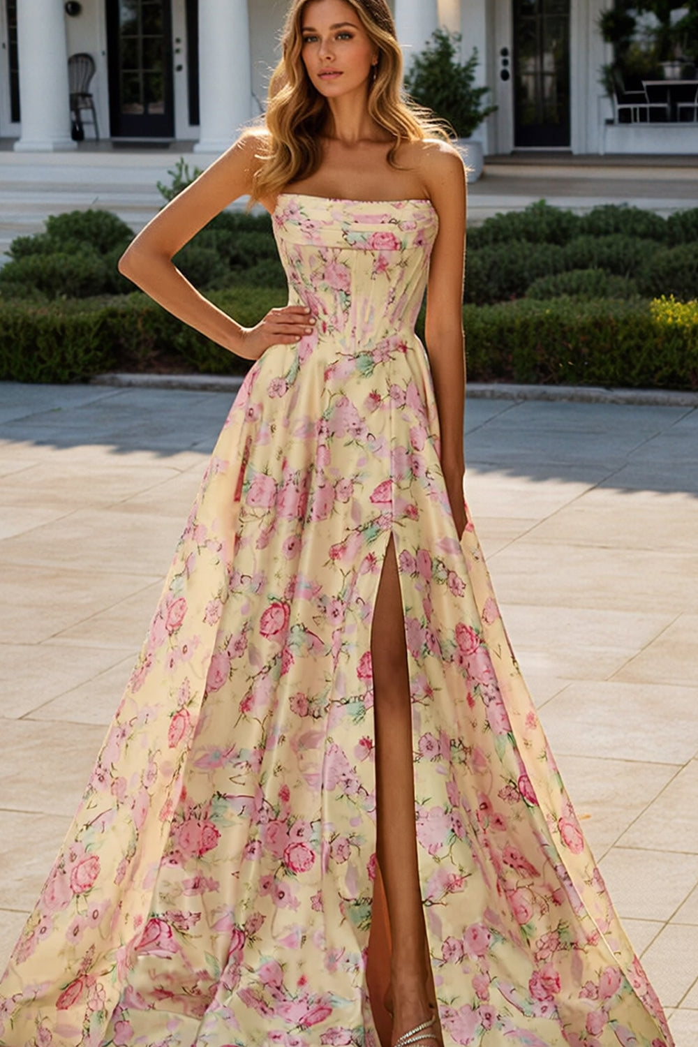 Satin Floral A Line Prom Dresses for Women Long Corset 2026 with Side Slit Strapless Wedding Guest Dress (HW004)