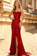 Glittery Satin Strapless Prom Dresses Mermaid Side Slit Lace Up Evening Dress Long for Women (HW061)