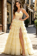 Flowy Chiffon Sweetheart A-Line Long Prom Dress Lace Corset Tiered Ruffle High Slit Wedding Guest Dress (HW143)