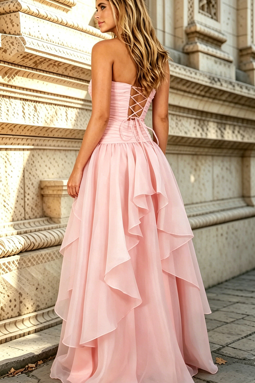 Strapless Corset Prom Dress Chiffon Slit with Lace Up Evening Dresses for Women (HW084)