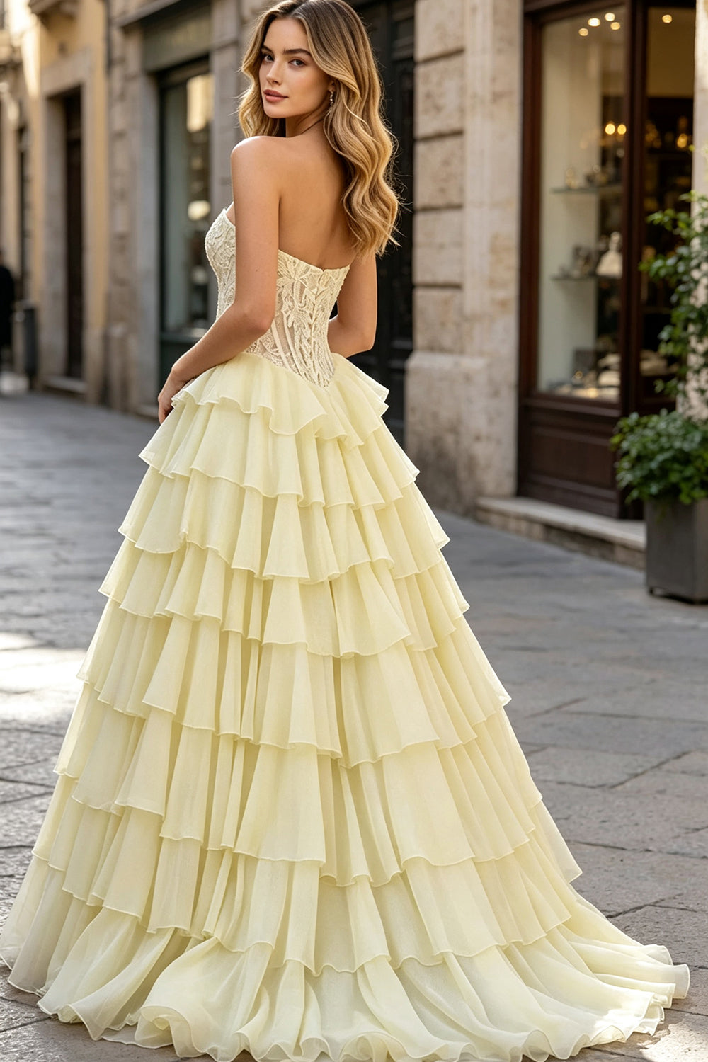 Flowy Chiffon Sweetheart A-Line Long Prom Dress Lace Corset Tiered Ruffle High Slit Wedding Guest Dress (HW143)