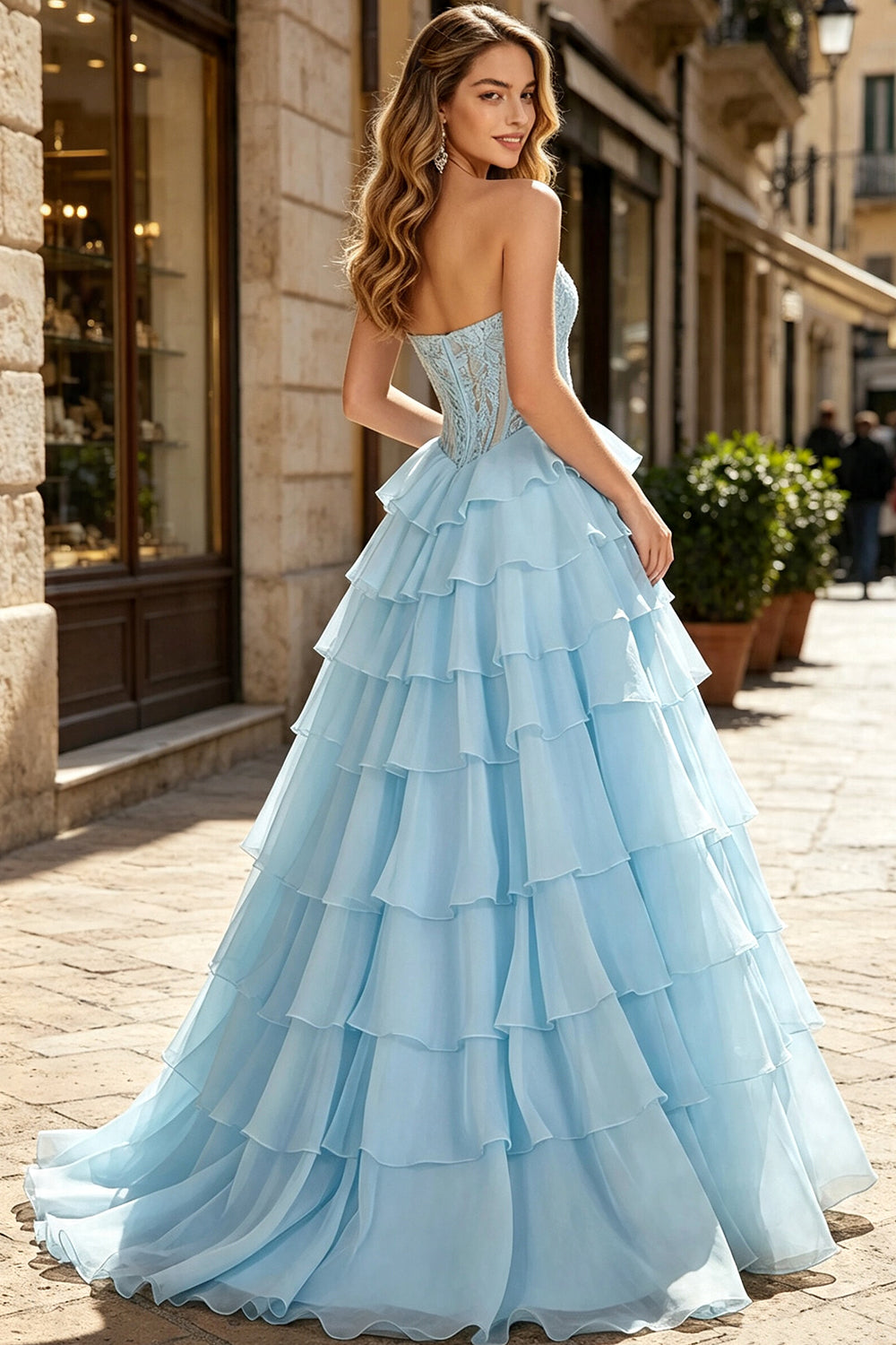Flowy Chiffon Sweetheart A-Line Long Prom Dress Lace Corset Tiered Ruffle High Slit Wedding Guest Dress (HW143)