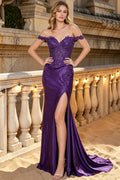 Satin Mermaid Off Shoulder Prom Dresses Appliques Slit Evening Dress Long for Women with Lace Up (HW054)