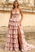 Satin Sweetheart Corset Prom Dresses Pleated Layered Ruffle Long Slit Party Dress With Lace Up (HW039)