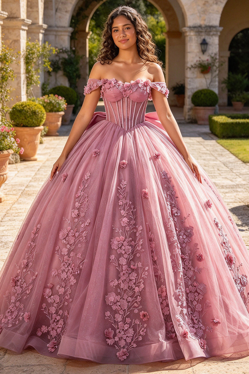Off Shoulder Quinceanera Dresses 3D Floral Applique Glitter Tulle Ball Gown Satin Bow Sweet 15 Dress (HW350)