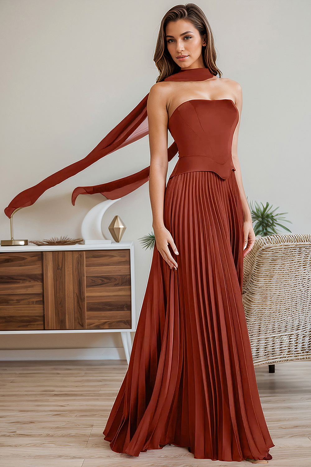 Satin Bridesmaid Dress for Women Long 2026 Strapless Corset Ruched Wedding Guest Dresses with Detachable Scarf (HW024)