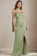 Satin Bridesmaid Dresses for Women Long Mermaid 2026 Spaghetti Straps Slit Wedding Guest Dress with Scarf (HW018)