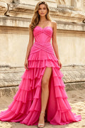 Satin Sweetheart Corset Prom Dresses Pleated Chiffon Layered Ruffle Long Slit Party Dress With Lace Up (HW042)