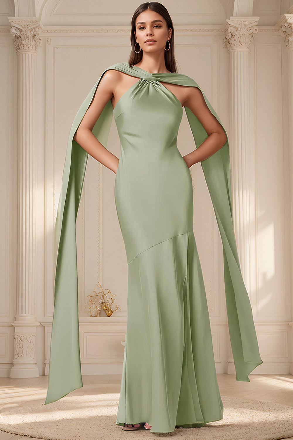 Satin Mermaid Bridesmaid Dress for Women Long 2026 Halter Neck Side Slit Lace Up Wedding Guest Dresses with Scarf (HW012)