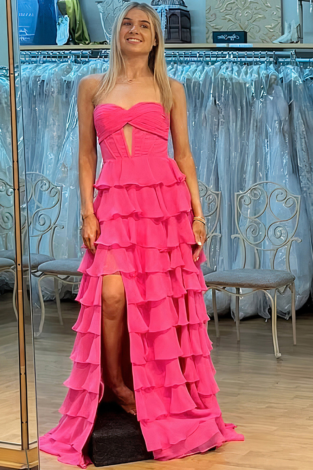 Prom Dresses for Women 2026 Strapless Long A-Line Corset Chiffon Tiered Wedding Guest Dress with Side Slit (HW014)