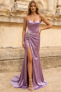 Strapless Glittery Beaded Prom Dresses Mermaid Side Slit Lace Up Evening Dress Long for Women（HW037)