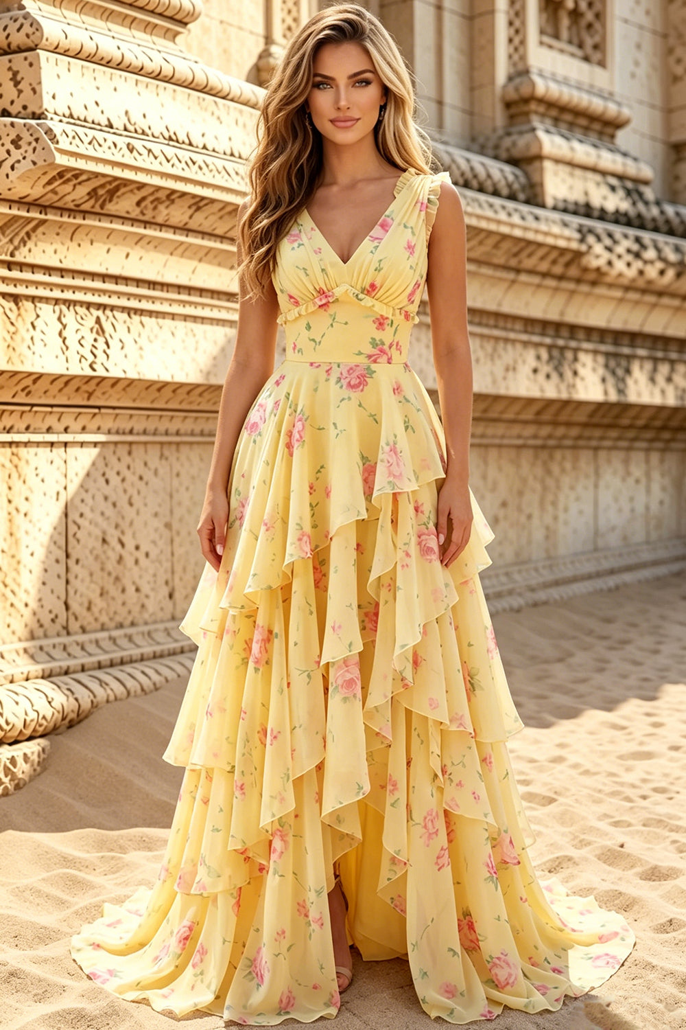 Chiffon A Line Prom Dresses for Women 2026 Straps Flower Tiere Ruffled Formal Evening Party Dress (HW070)