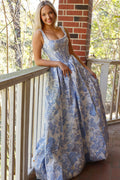 Long A Line Shoulders Floral Print Prom Dresses with Pearls Backless Evening Party Ball Gowns (HW025)