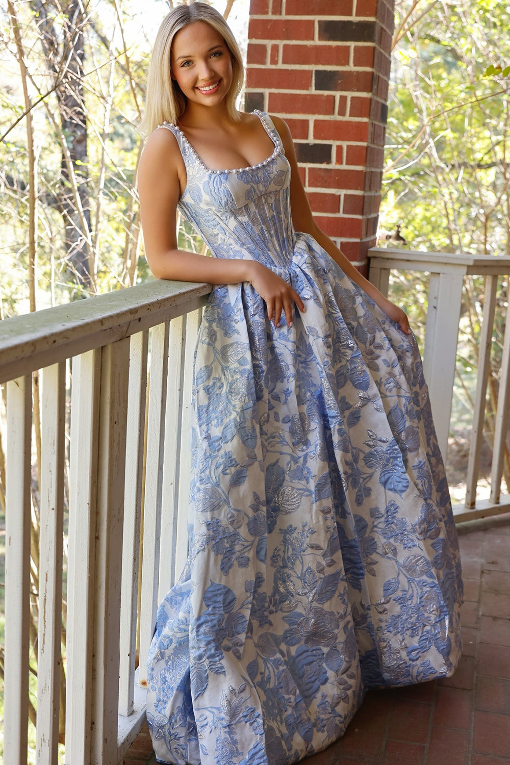 Long A Line Shoulders Floral Print Prom Dresses with Pearls Backless Evening Party Ball Gowns (HW025)