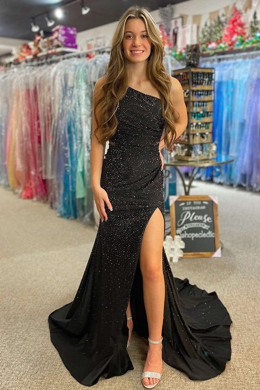 Glittery Satin Prom Dresses Mermaid Side Slit One Shoulder Evening Dress Long for Women (HW051)