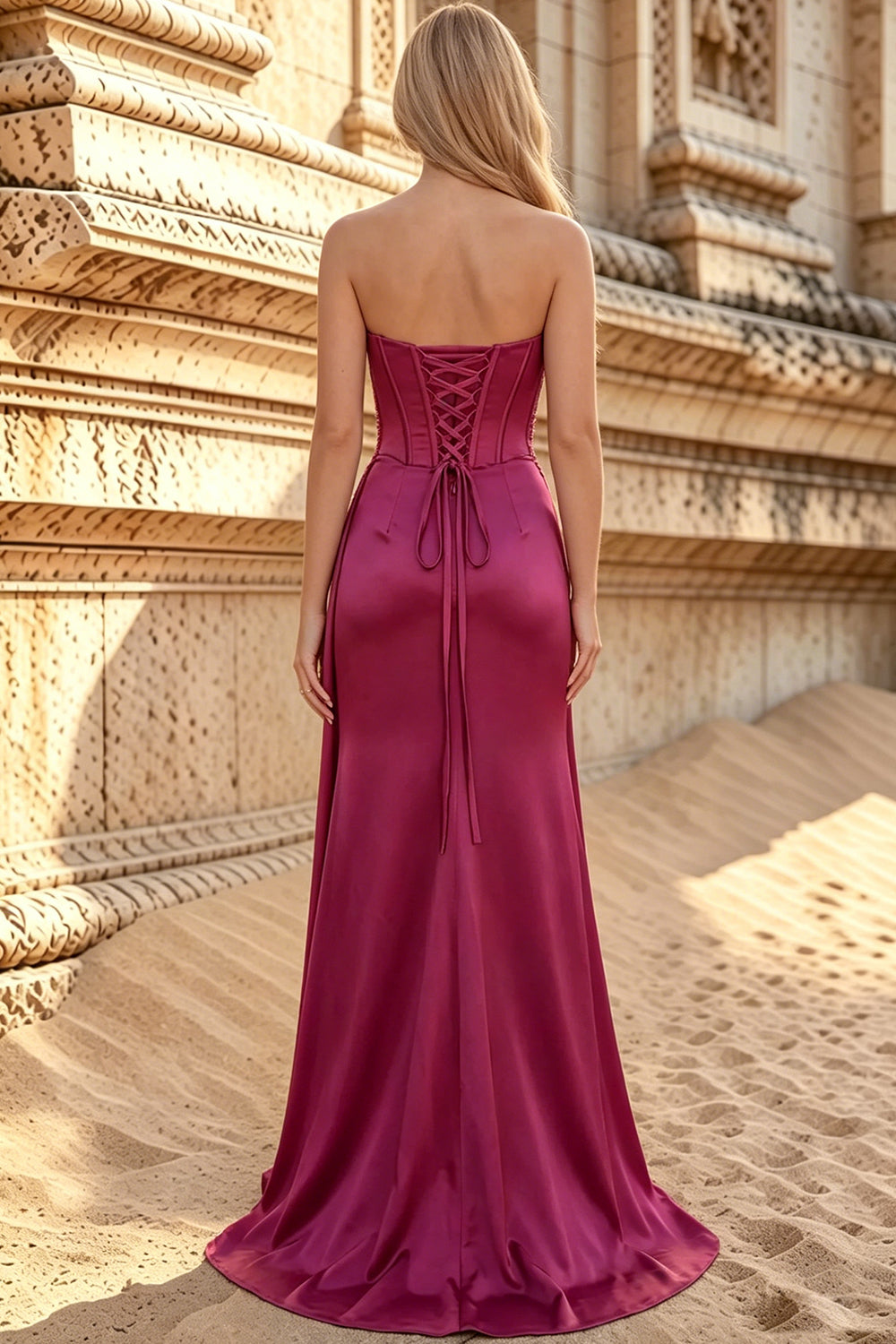 Satin Mermaid Strapless Prom Dresses Appliques Slit Evening Dress Long for Women with Lace Up (HW065)