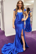 Satin Mermaid Off Shoulder Prom Dresses Side Slit Evening Dress Long for Women (HW048)