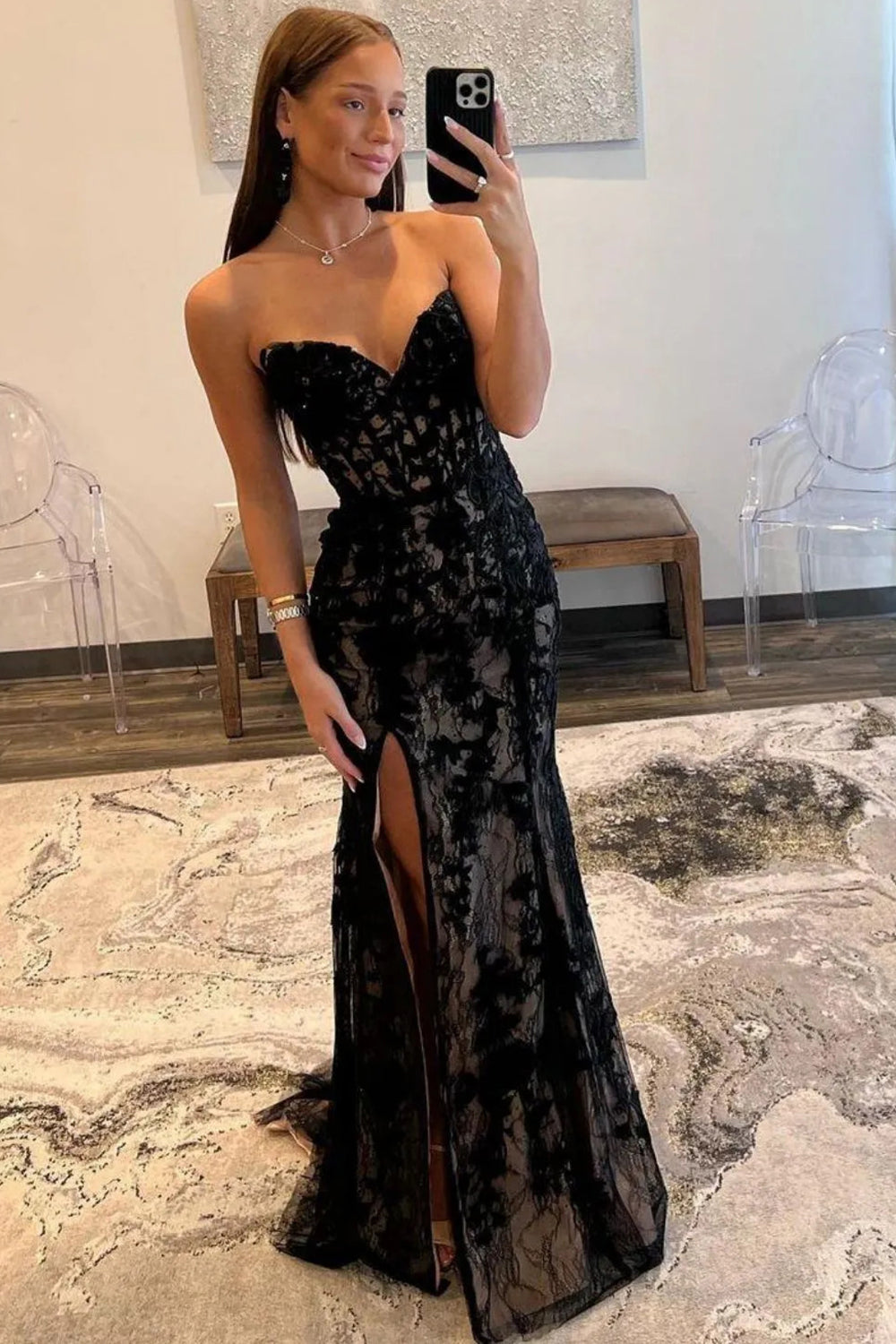 Black Lace Prom Dress for Women Long Mermaid 2026 Corset Lace Up Wedding Guest Dresses with Slit (HW062)