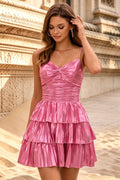 Spaghetti Straps A Line Metallic Satin Corset Tiere Ruffled Homecoming Dresses for Juniors (HW085)