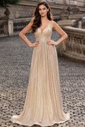 Sequin V-Neck Long Prom Dress with Crisscross Lace-Up Back for Wedding Guest Formal Evening Party (HW133)
