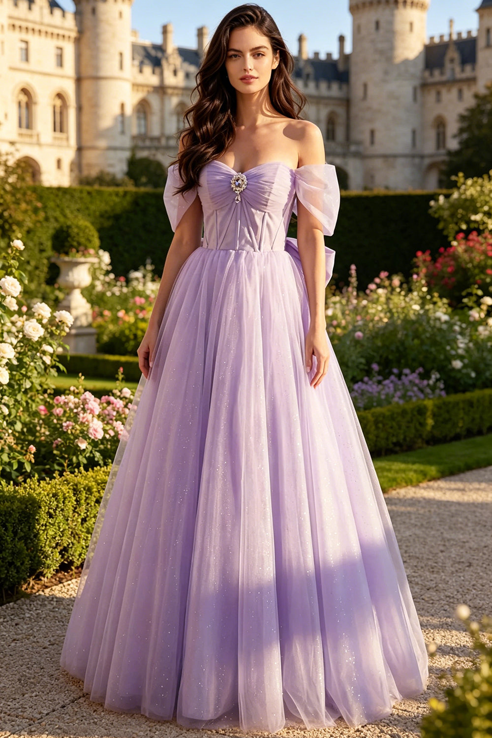 Glitter Tulle A-Line Long Prom Dress Off The Shoulder Sweetheart Corset Lace-Up Big Bow Wedding Guest Dress (HW137)