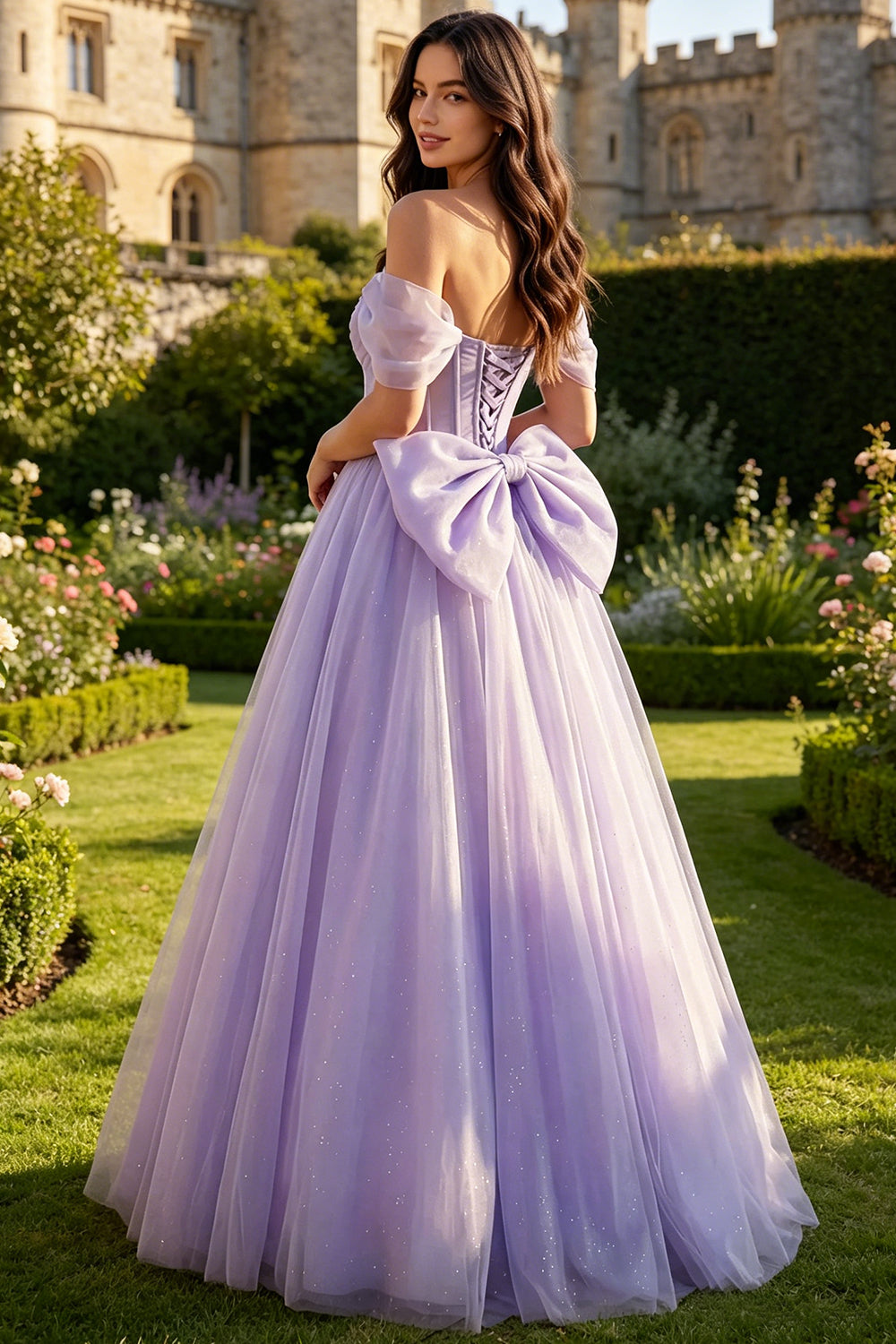 Glitter Tulle A-Line Long Prom Dress Off The Shoulder Sweetheart Corset Lace-Up Big Bow Wedding Guest Dress (HW137)