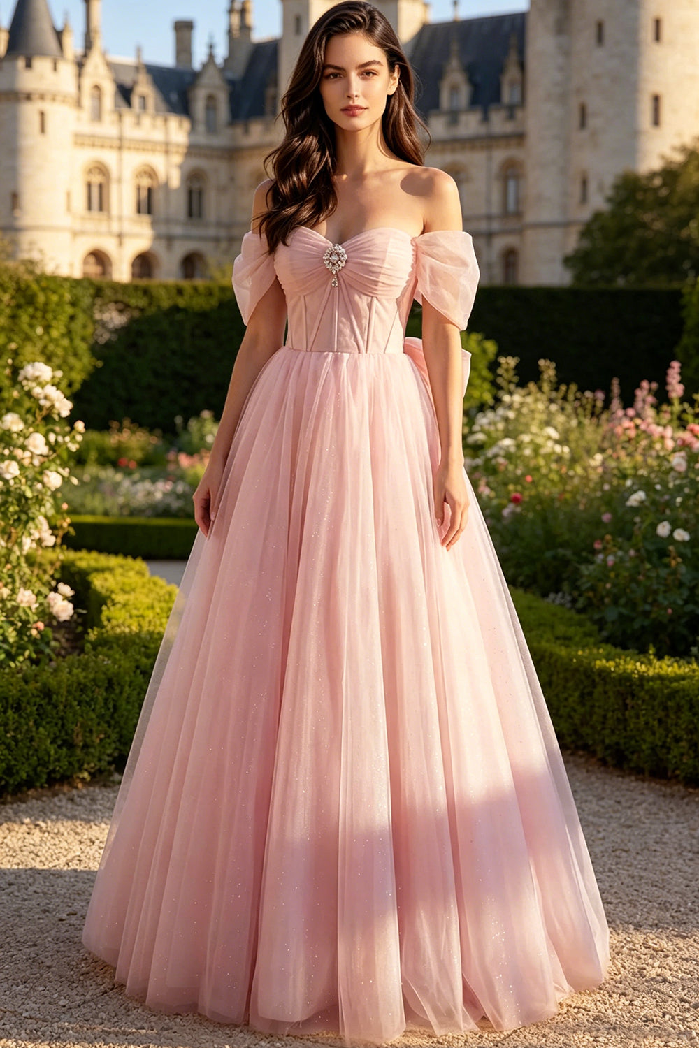 Glitter Tulle A-Line Long Prom Dress Off The Shoulder Sweetheart Corset Lace-Up Big Bow Wedding Guest Dress (HW137)