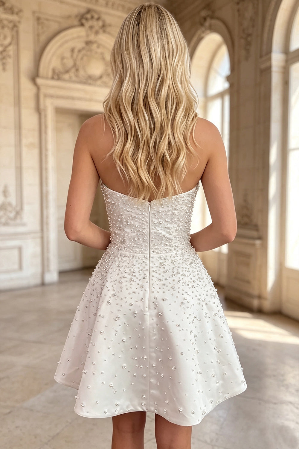 White Strapless Homecoming Dress A-Line Short Pearl Beaded Graduation Dress with Pockets for Teen (HW163)