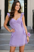 Ruffle Strap Chiffon Homecoming Dress Bow Front Crisscross Lace-Up Back A-Line Mini Graduation Dress (HW198)