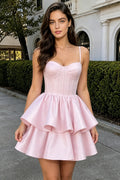 Light Pink Satin Spaghetti Strap Corset Homecoming Dress Tiered Ruffle Lace-Up Mini Graduation Dress (HW201)