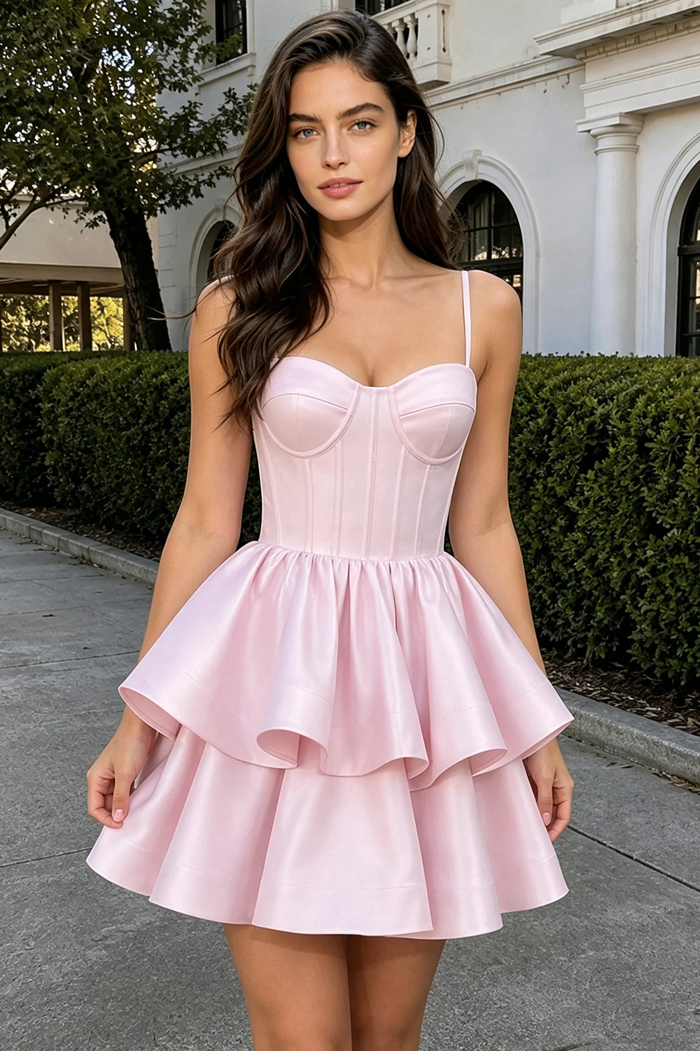 Light Pink Satin Spaghetti Strap Corset Homecoming Dress Tiered Ruffle Lace-Up Mini Graduation Dress (HW201)