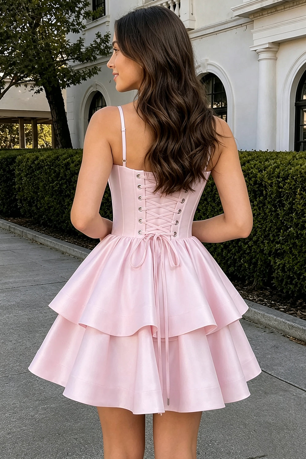 Light Pink Satin Spaghetti Strap Corset Homecoming Dress Tiered Ruffle Lace-Up Mini Graduation Dress (HW201)
