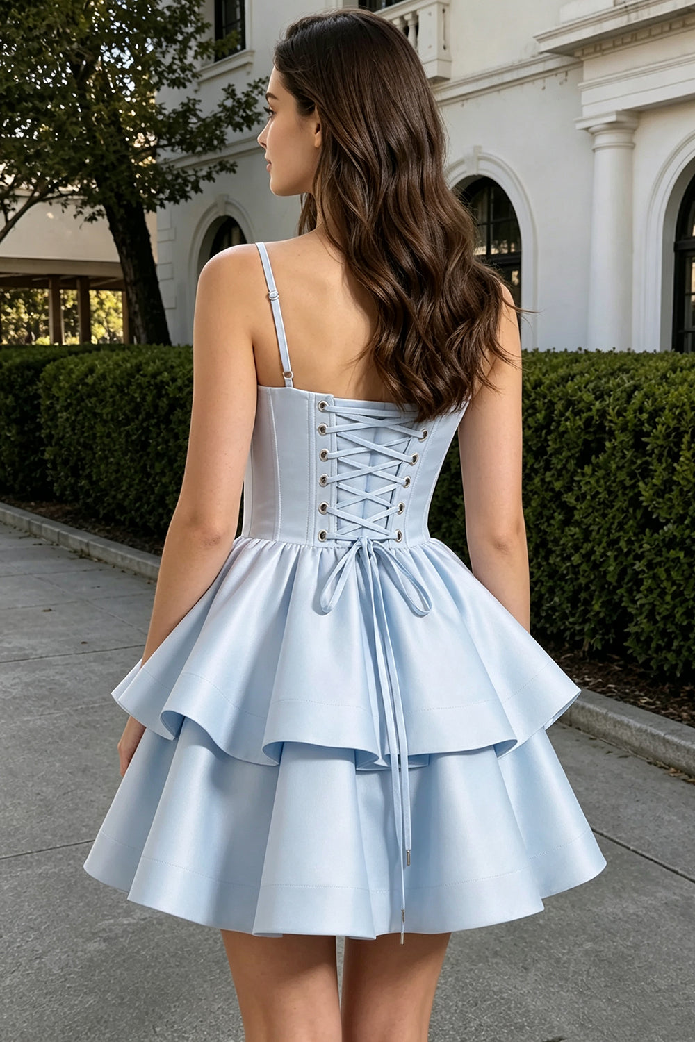 Light Pink Satin Spaghetti Strap Corset Homecoming Dress Tiered Ruffle Lace-Up Mini Graduation Dress (HW201)