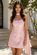 Pink Strapless Homecoming Dress Sequin A‑Line Short Formal Dress With Detachable Flowy Scarf (HW213)