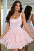 Pink Pearl Trim Corset Homecoming Dress Satin Bodice Tiered Chiffon Ruffle Short Formal Dress for Teens (HW214)