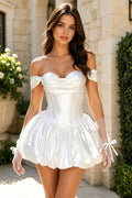 White Satin Corset Homecoming Dress Off‑The‑Shoulder Bubble Hem Mini Semi‑Formal Dress for Teen (HW217)