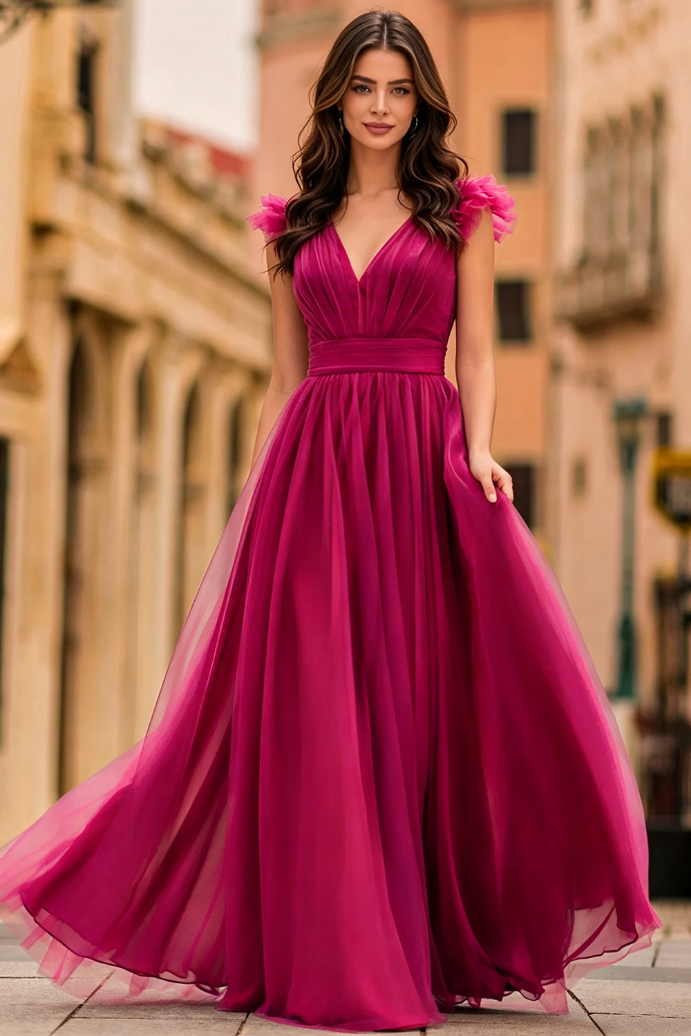 Fuchsia Tulle A‑Line Prom Dress V‑Neck Long Formal Gown With Ruffled Cap Sleeves for Wedding Guest (HW220)