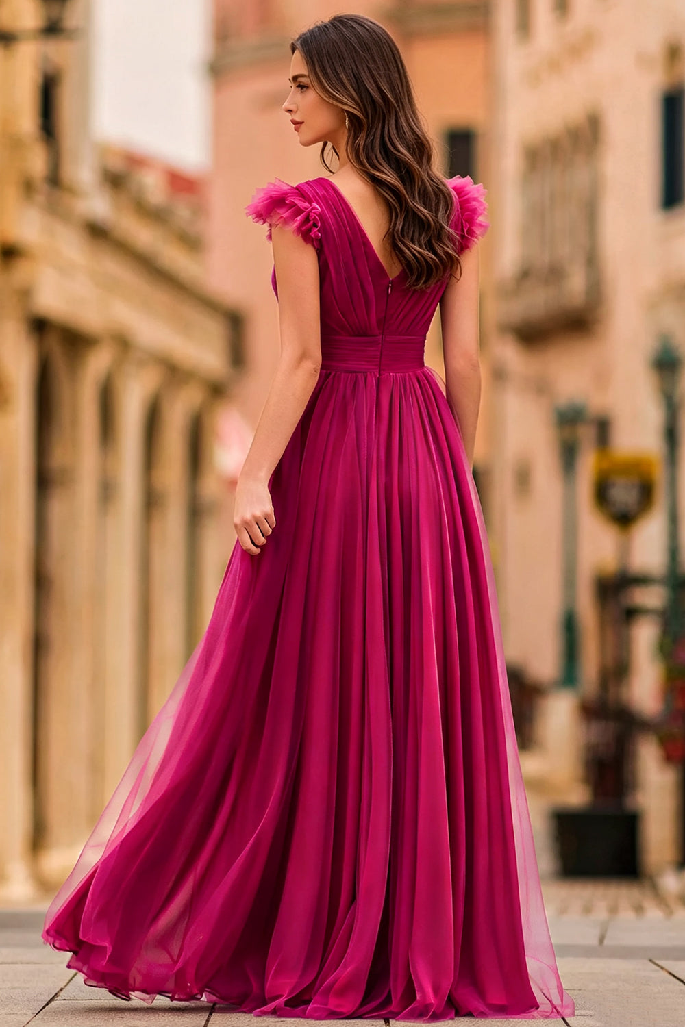 Fuchsia Tulle A‑Line Prom Dress V‑Neck Long Formal Gown With Ruffled Cap Sleeves for Wedding Guest (HW220)