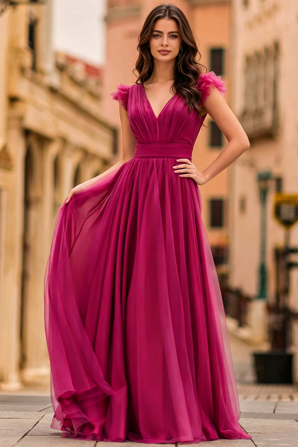 Fuchsia Tulle A‑Line Prom Dress V‑Neck Long Formal Gown With Ruffled Cap Sleeves for Wedding Guest (HW220)