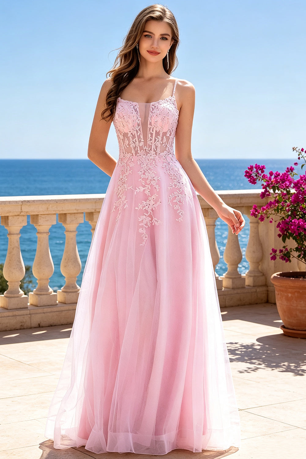 Spaghetti Strap A‑Line Tulle Prom Dress Corset Bodice Lace Applique Long Evening Gown with Lace‑Up (HW224)
