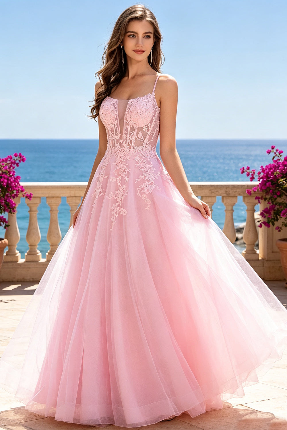 Spaghetti Strap A‑Line Tulle Prom Dress Corset Bodice Lace Applique Long Evening Gown with Lace‑Up (HW224)