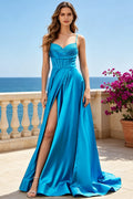 Bright Blue Satin Prom Dress Beaded Spaghetti Strap Corset Wedding Guest Slit With Lace‑Up (HW227)