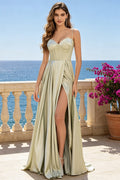 Sage Green Satin Prom Dress Sweetheart Spaghetti Strap Corset Lace‑Up Formal Gown With Side High Slit (HW228)