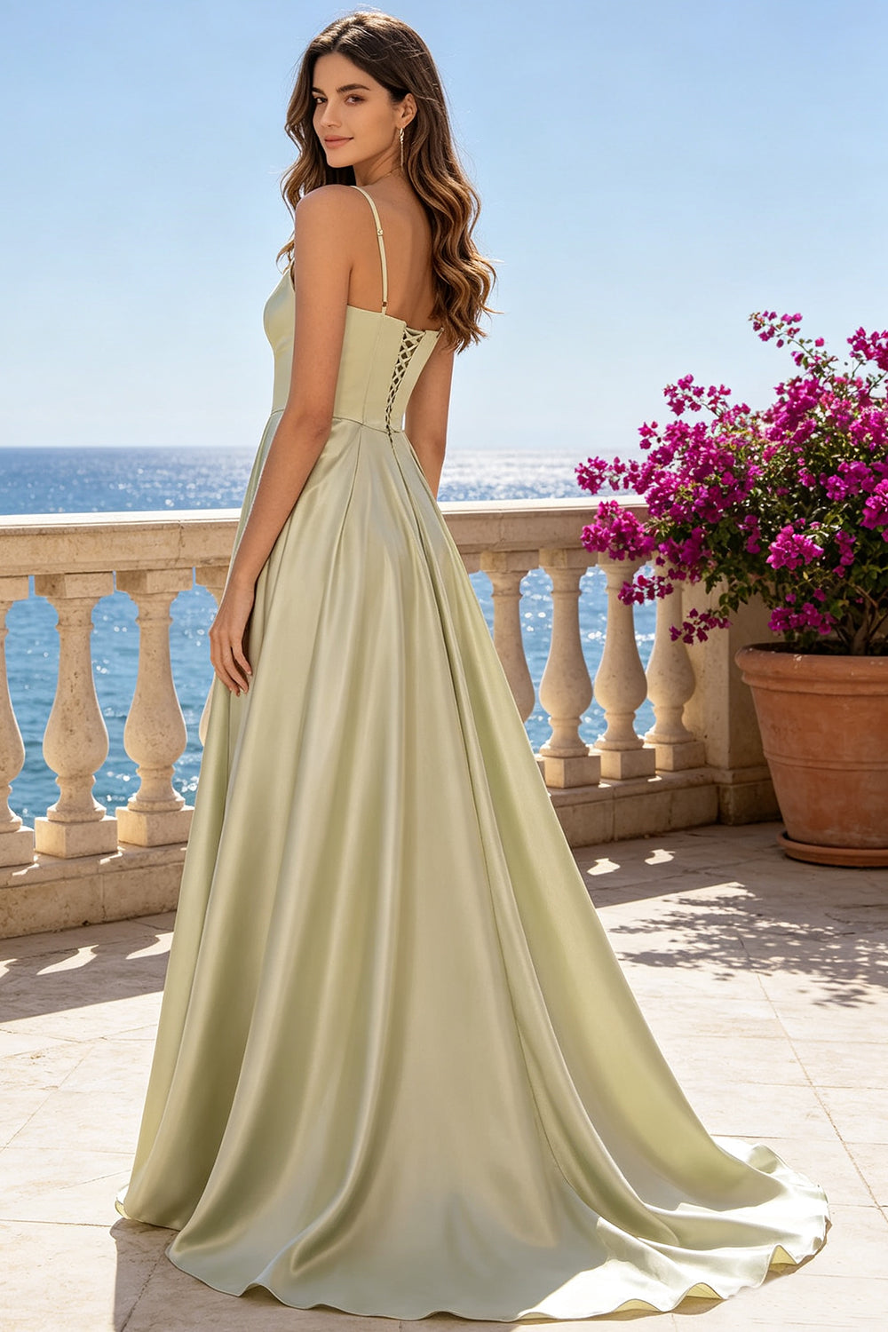 Sage Green Satin Prom Dress Sweetheart Spaghetti Strap Corset Lace‑Up Formal Gown With Side High Slit (HW228)