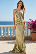 Olive Green Satin Prom Dress with Lace‑Up Beaded Corset Spaghetti Strap Mermaid Formal Gown Side Slit (HW229)