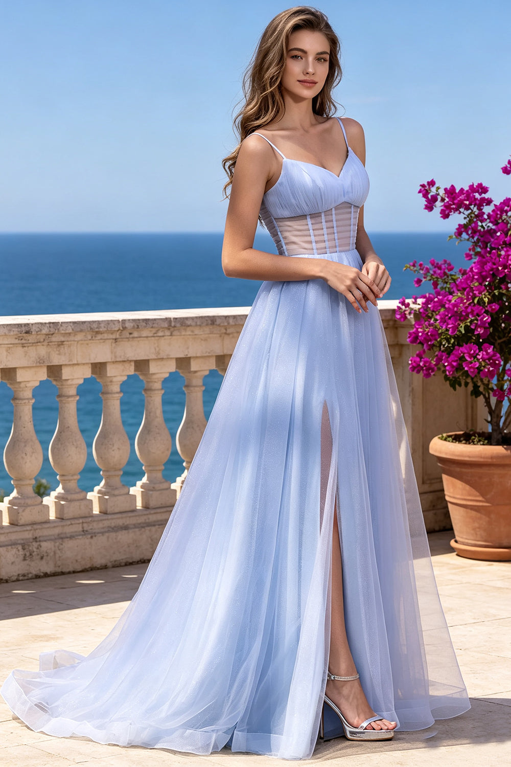 Tulle Prom Dress Spaghetti Strap V‑Neck Sheer Mesh Corset Flowy A‑Line Formal Gown (HW230)